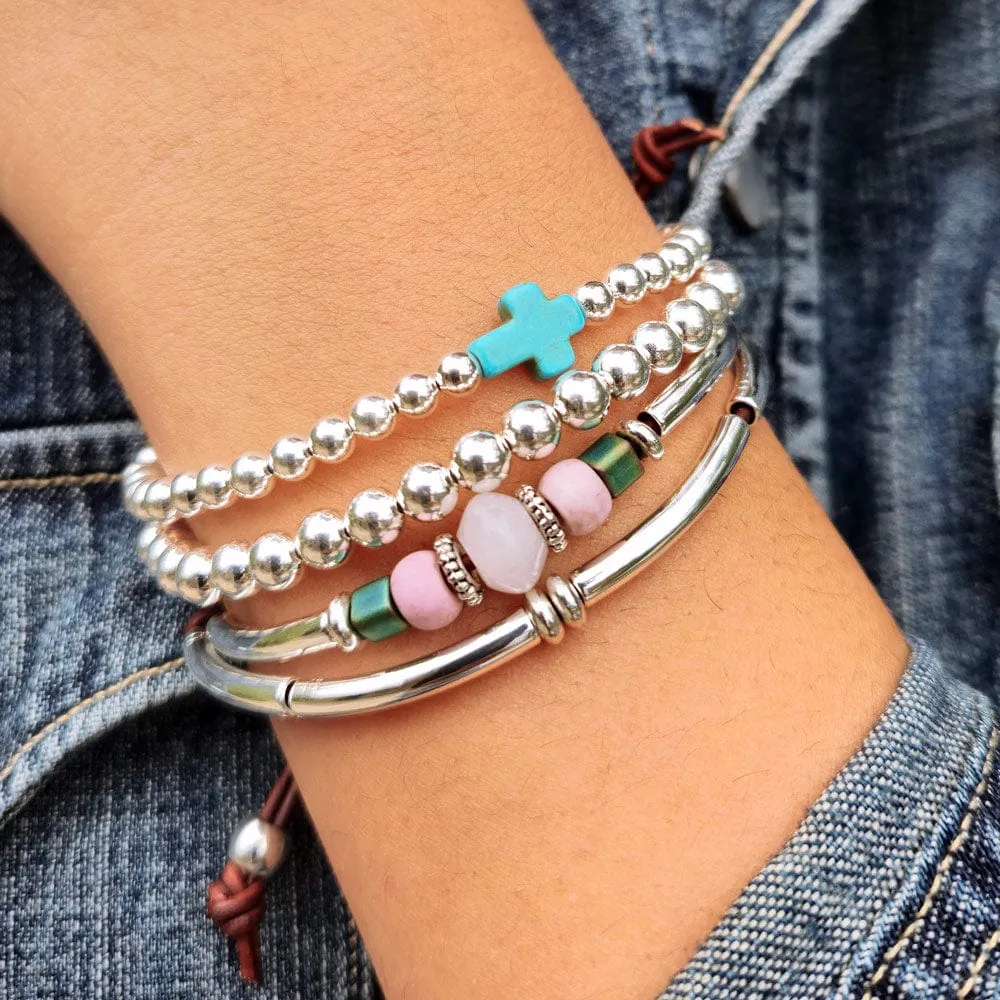 Rose Quartz Bracelet in Brown Leather w Silver - Briar