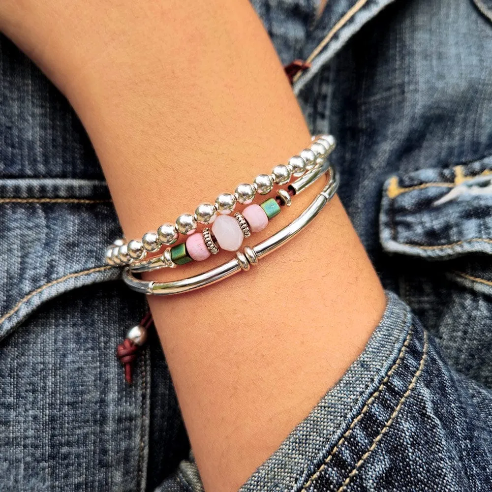 Rose Quartz Bracelet in Brown Leather w Silver - Briar