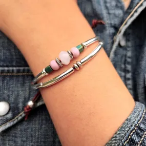 Rose Quartz Bracelet in Brown Leather w Silver - Briar