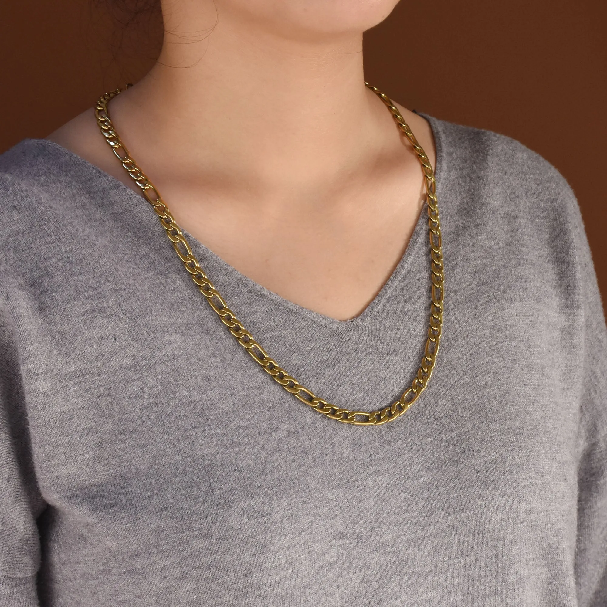 Solid Strong Shiny Men's Figaro Chain Necklace Set Black IP Silver Gold Plated Steel