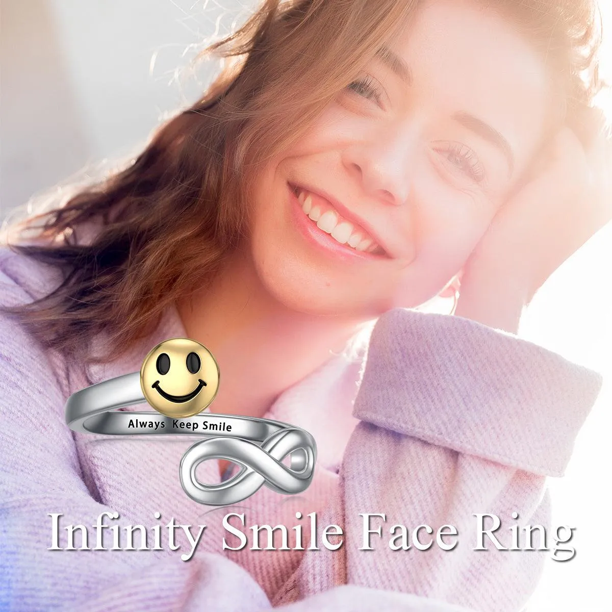 Sterling Silver Infinity Ring Adjustable Open Inspirational Smile Face Ring