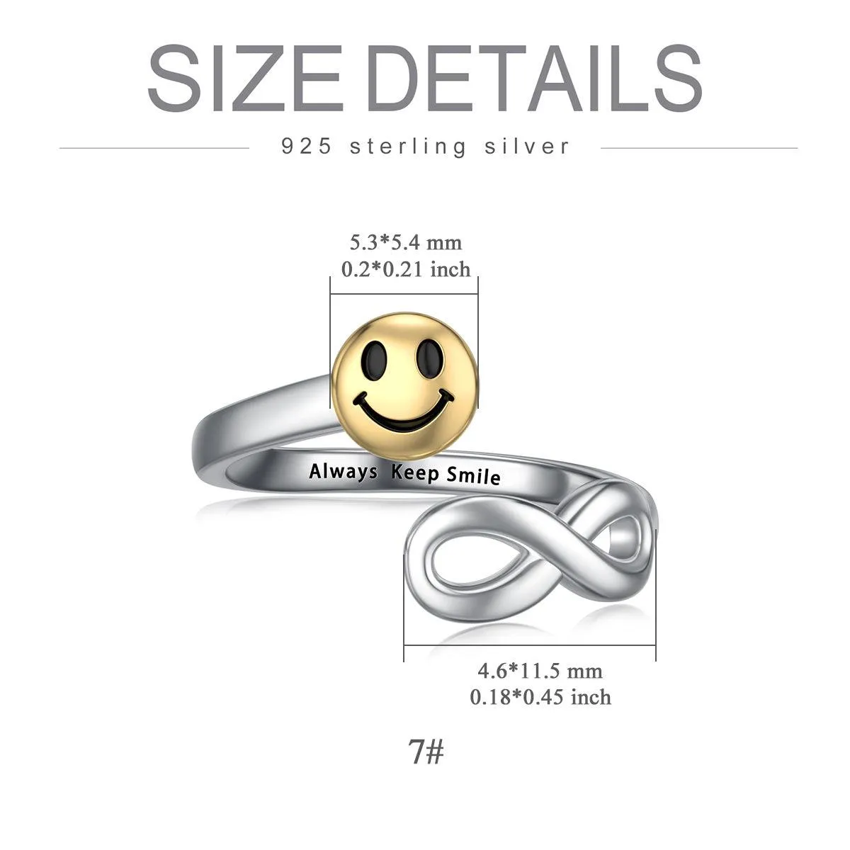 Sterling Silver Infinity Ring Adjustable Open Inspirational Smile Face Ring