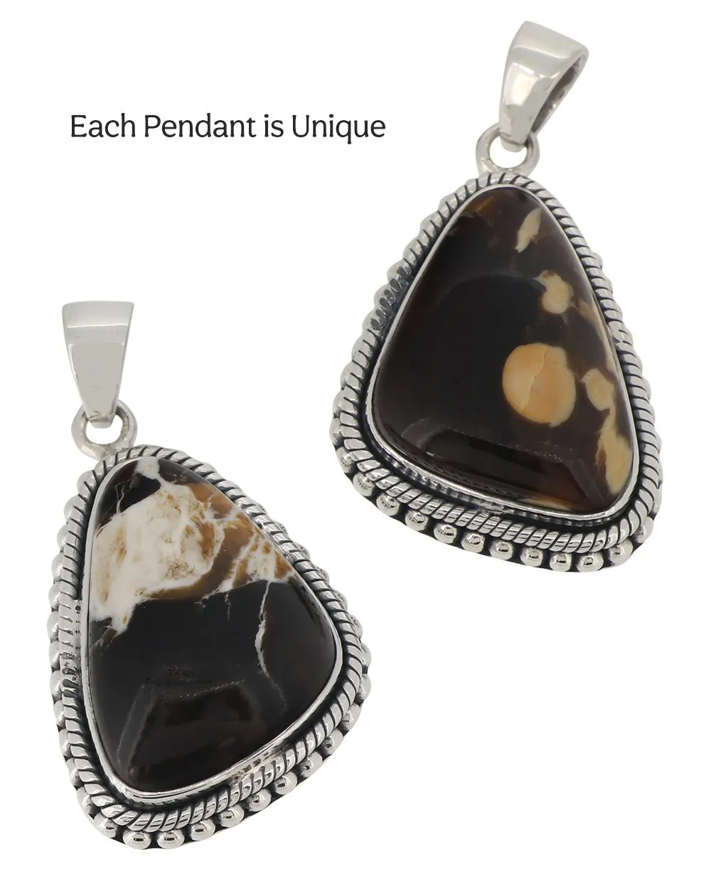 Sterling Silver Peanut Wood Jasper Pendant - Unique Fluid Organic Triangle