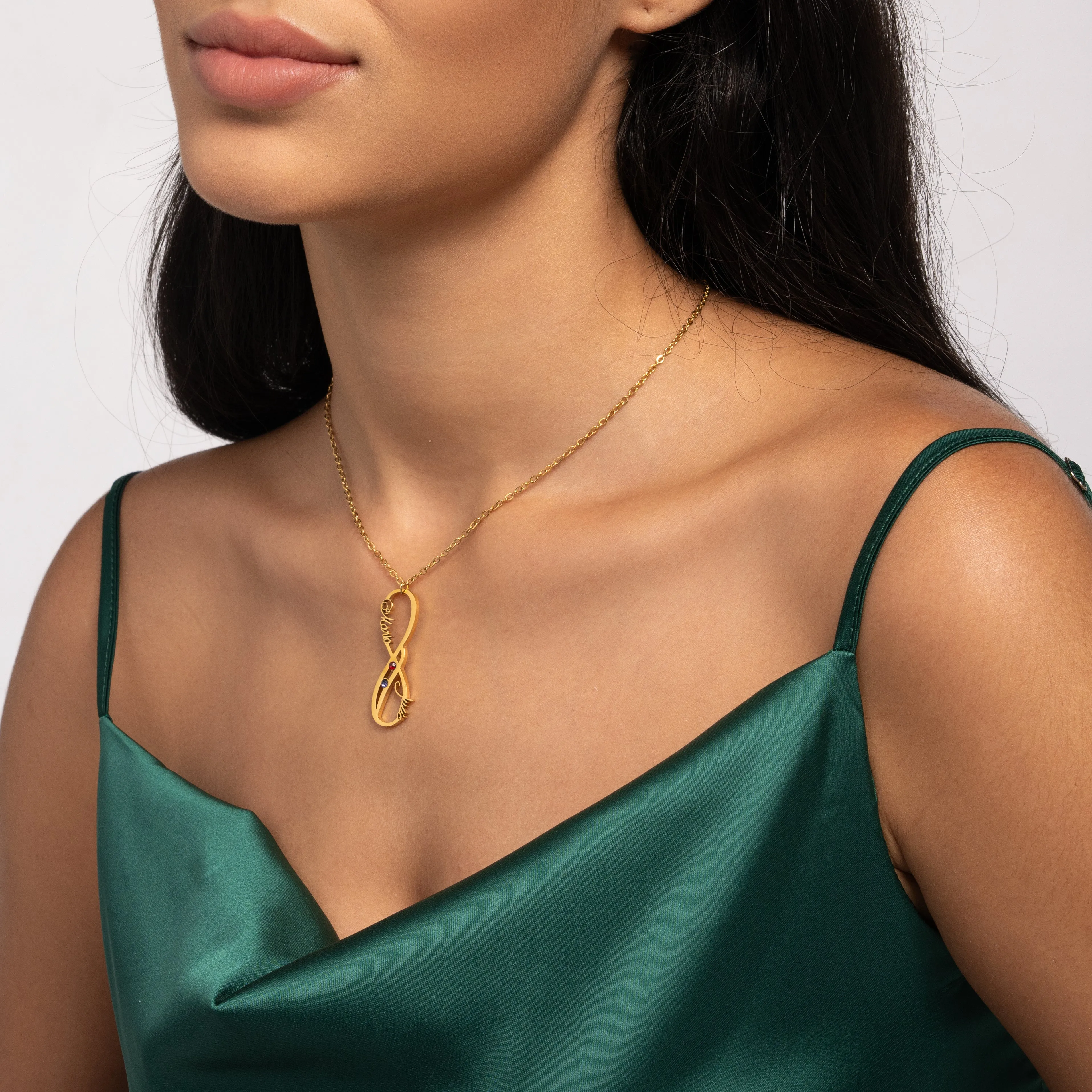 Vertical Necklace Pendant with two names and Birthstones