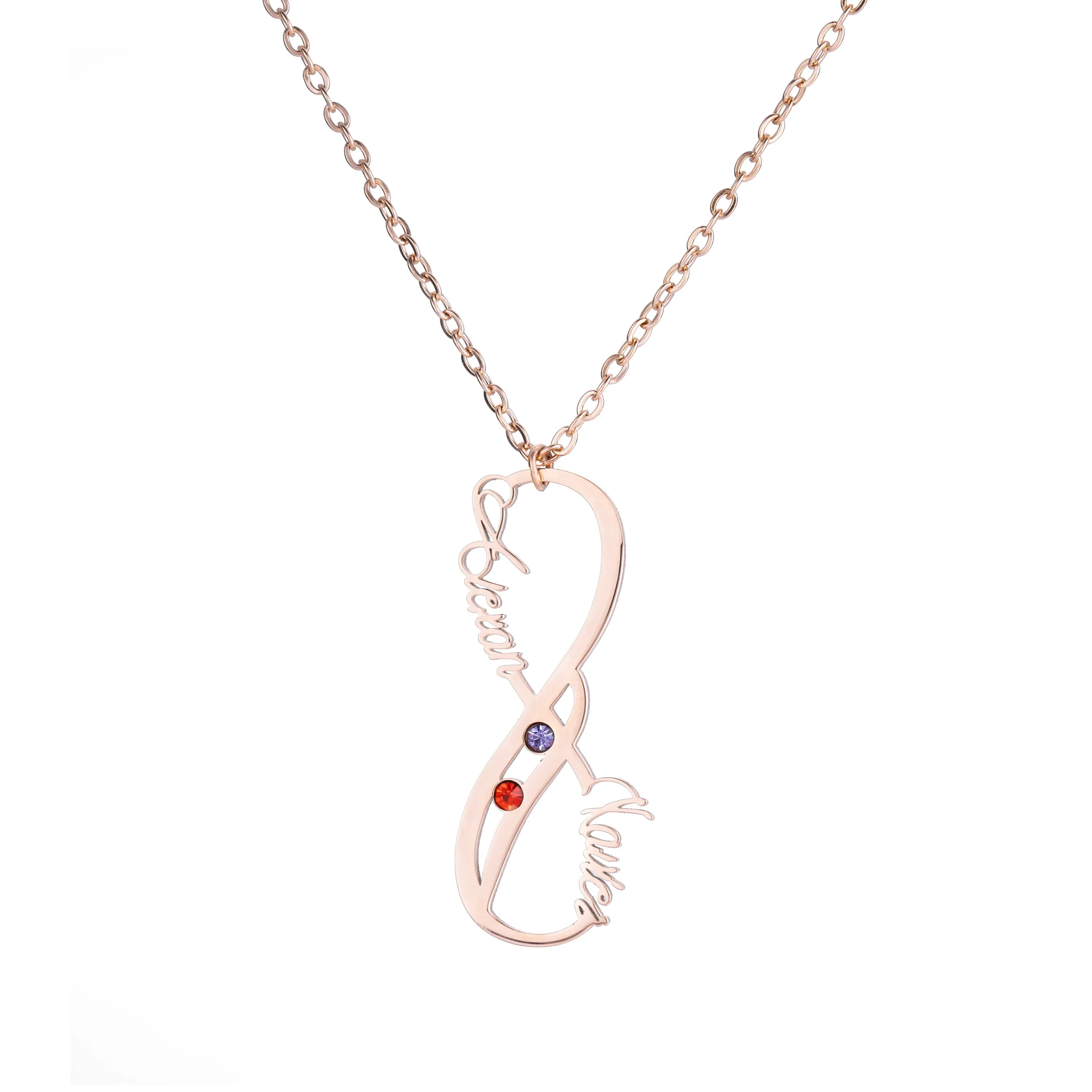Vertical Necklace Pendant with two names and Birthstones