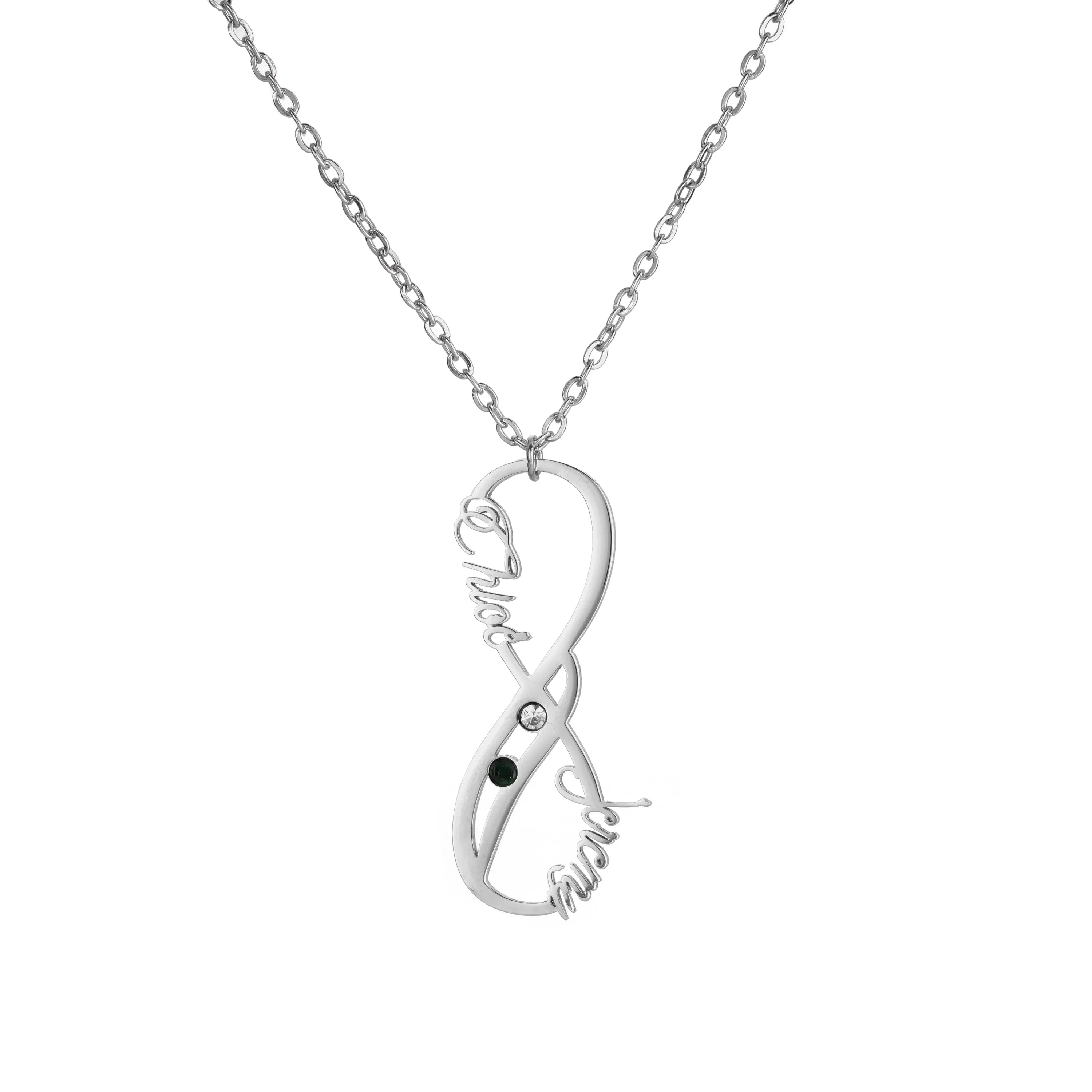 Vertical Necklace Pendant with two names and Birthstones