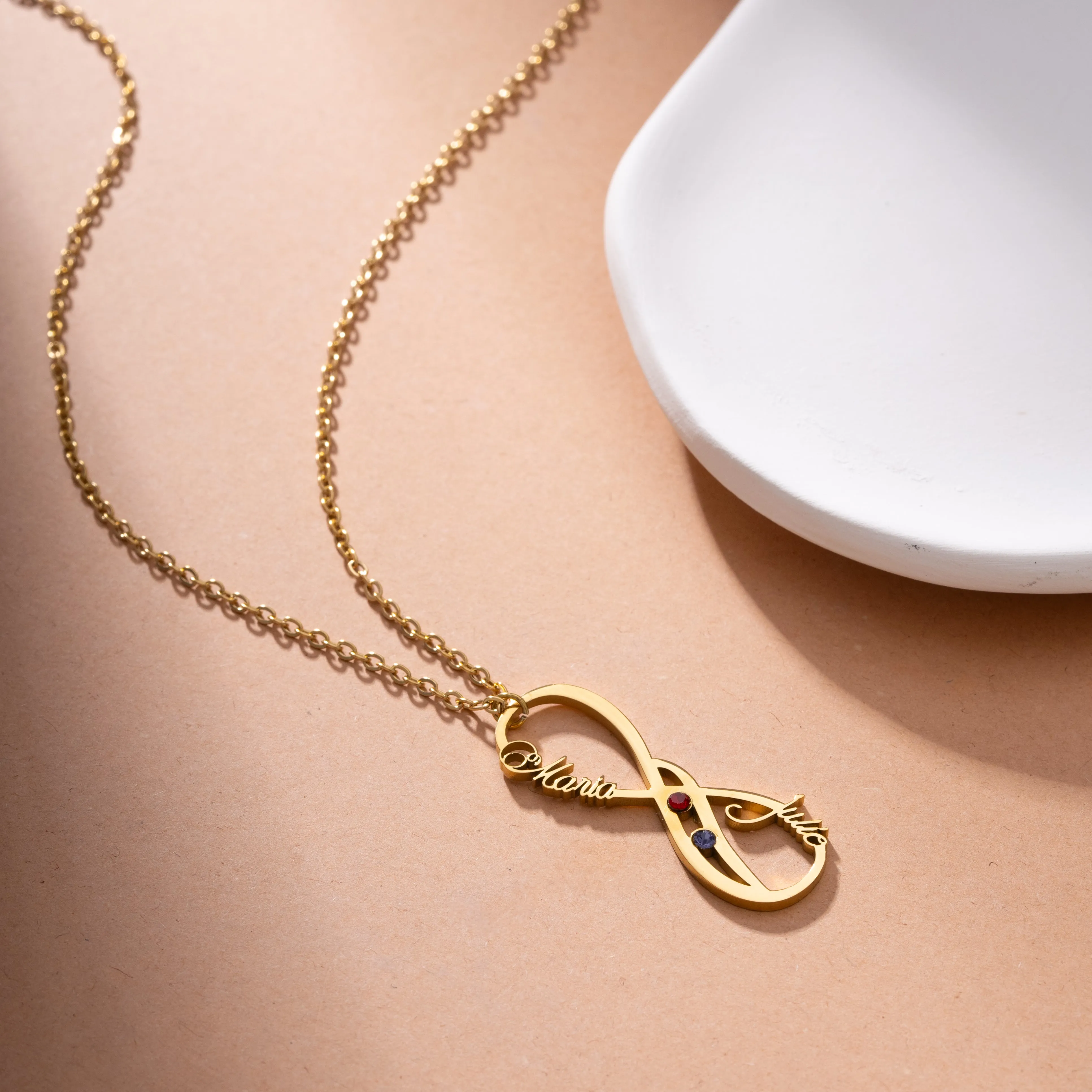 Vertical Necklace Pendant with two names and Birthstones
