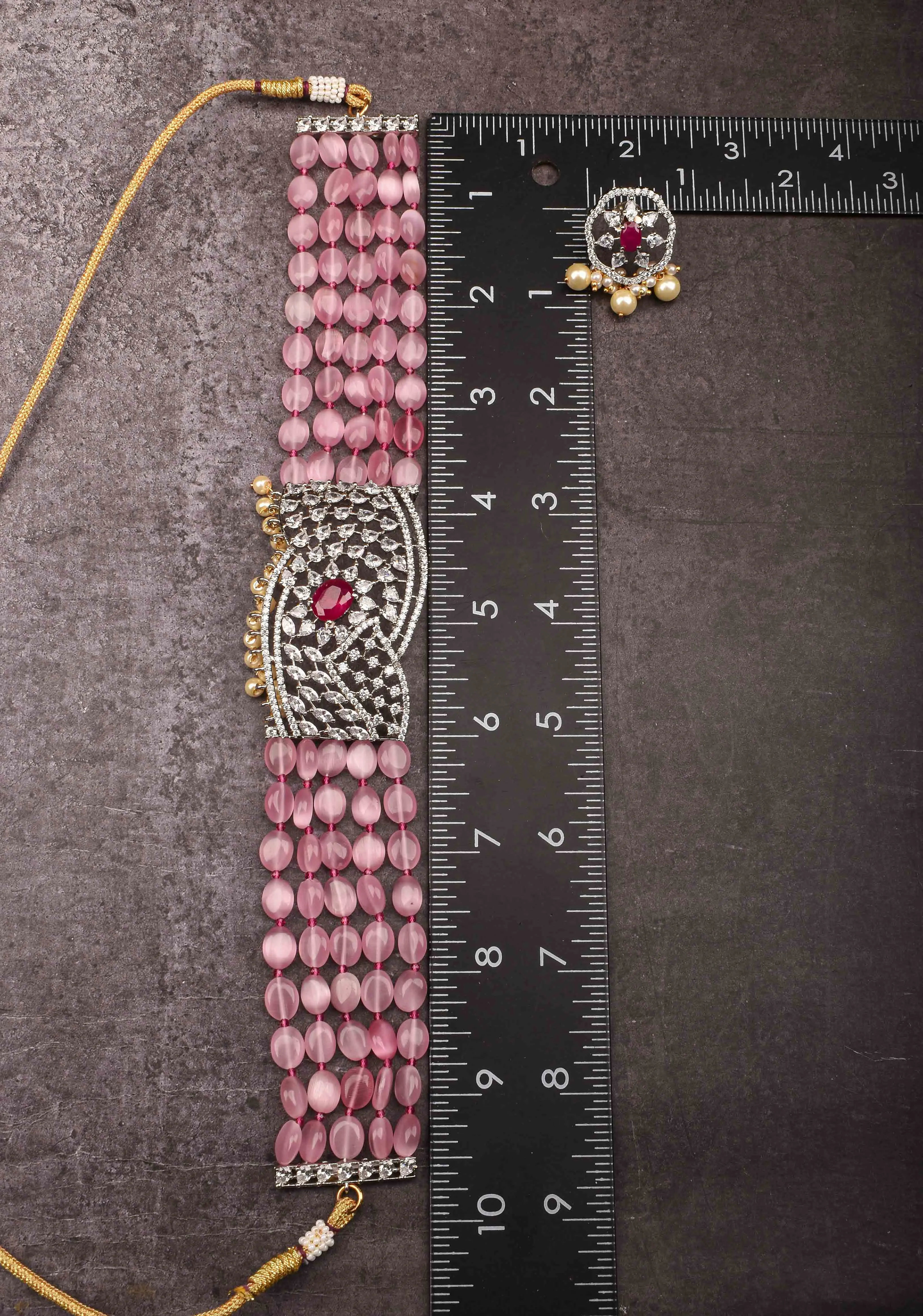 Victorian Pendant with Translucent Pink Oval Shape Bead Strands Choker Set | Shobitam Jewelry