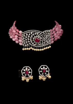 Victorian Pendant with Translucent Pink Oval Shape Bead Strands Choker Set | Shobitam Jewelry