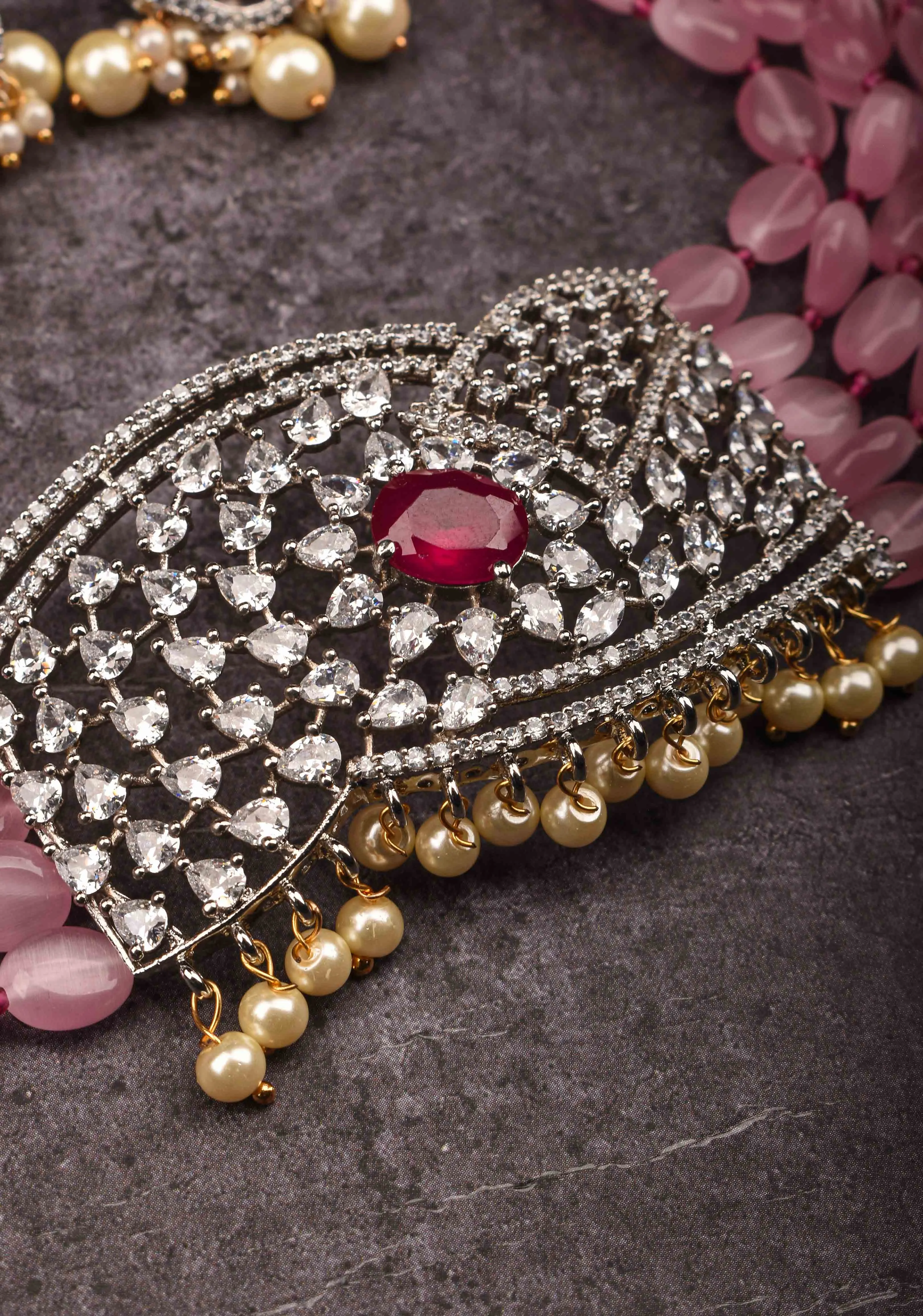 Victorian Pendant with Translucent Pink Oval Shape Bead Strands Choker Set | Shobitam Jewelry