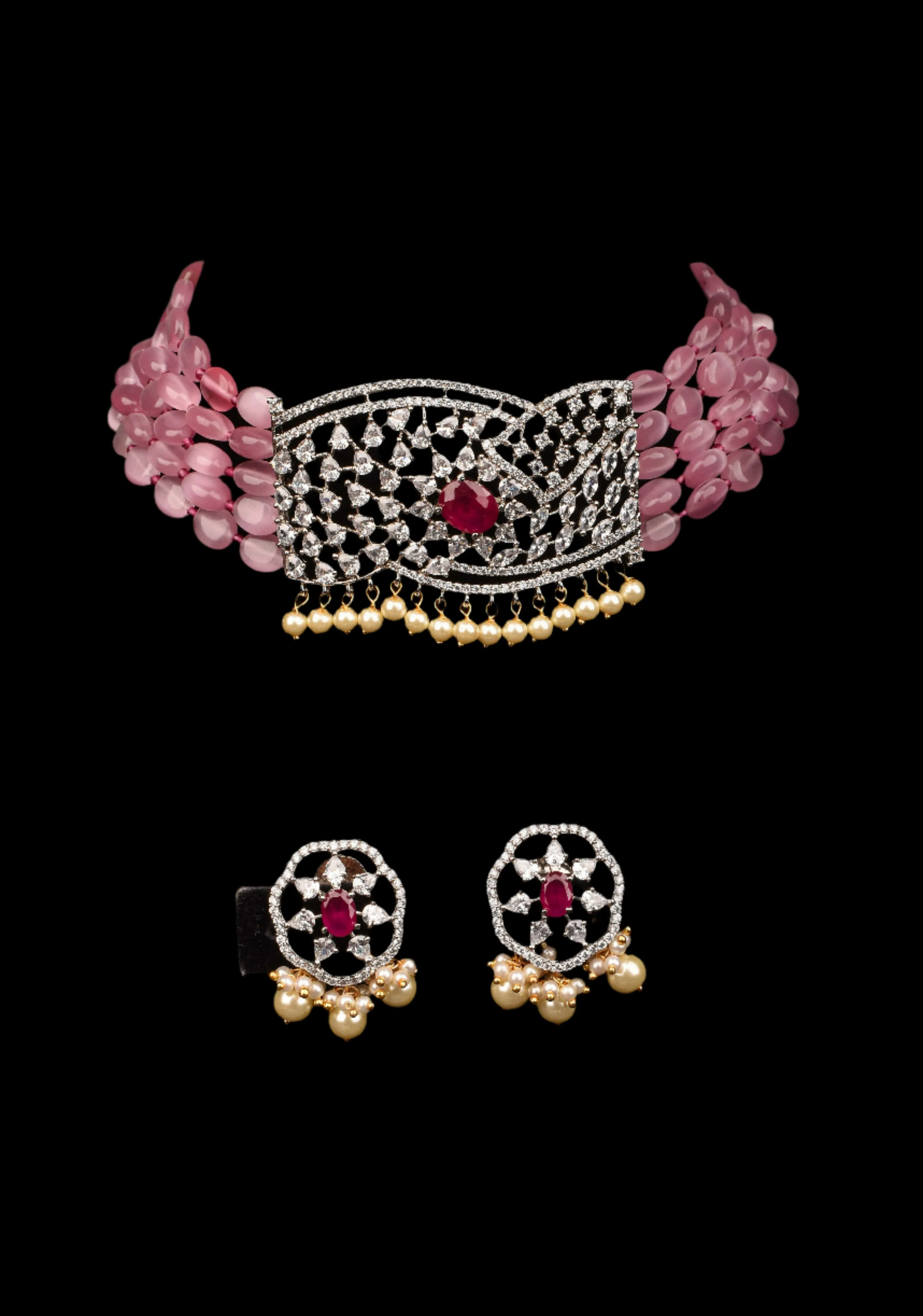 Victorian Pendant with Translucent Pink Oval Shape Bead Strands Choker Set | Shobitam Jewelry