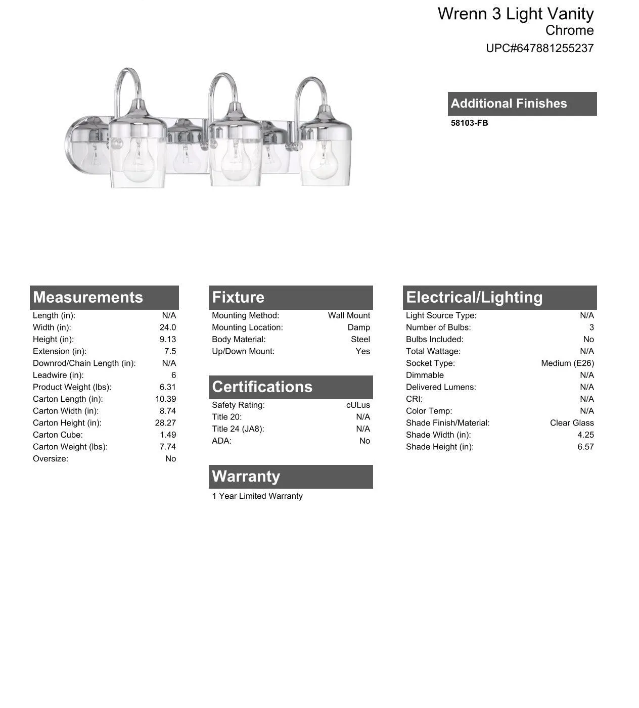 Wrenn 3 Light Vanity in Chrome